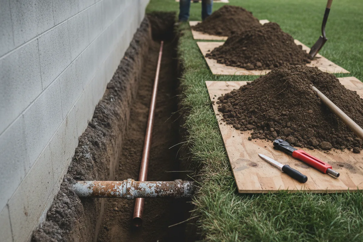 Excavated water line trench during Water Softener Installation in Boiceville